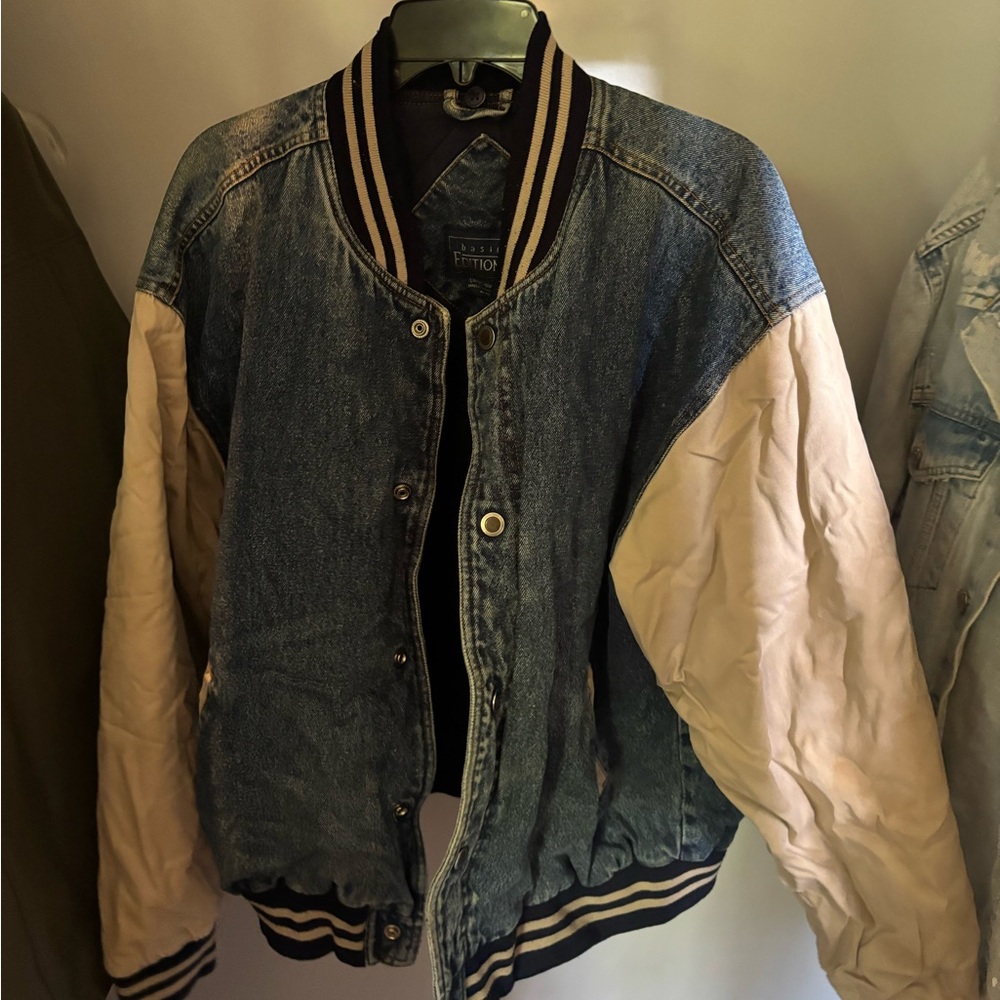 Denim Varsity Jacket with Cream Sleeves